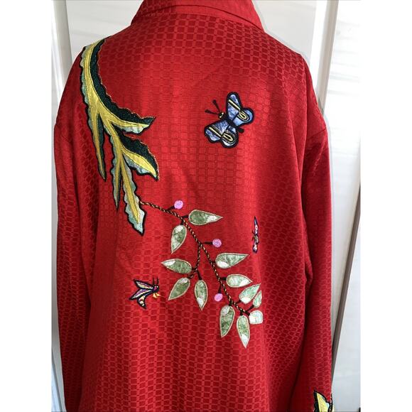 Vtg Maggie Barnes Jacket Red Floral Butterfly Wearable Art Plus Size 4X (J43) - Picture 8 of 12